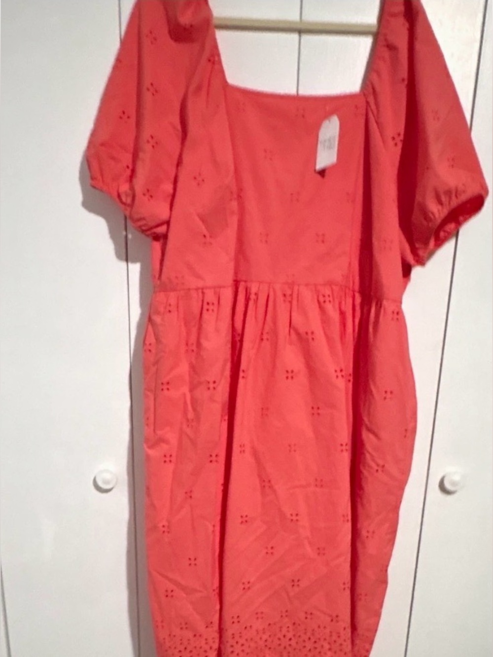 Time and Tru Plus 3X Coral Eyelet Midi Dress Puff Sleeve Pockets NWT lined